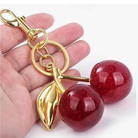 Cherry Bag Charm & Key Ring NEW Red Sparkly Cherries with Goldtone Hardware - Picture 4 of 7